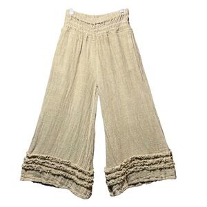 Paper Lace Textured 100% Linen Wide Leg Pants Boho Lagenlook Frayed Hem Pull On
